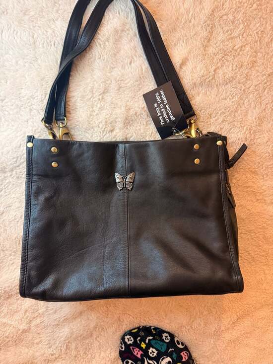 Great American Leather Works Handbags - Great American Leather Works Black Genuine Leather Shoulder Bag Butterfly Accent